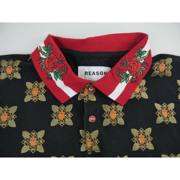 Reason NYC Long Sleeve Black Polo Shirt Facial Floral Pattern Print Mens Large - Picture 3 of 10